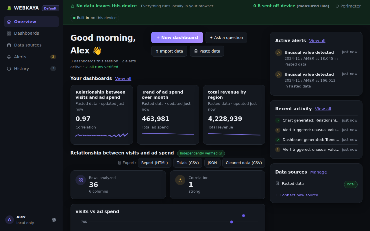 Overview home with dashboards, alerts, and activity